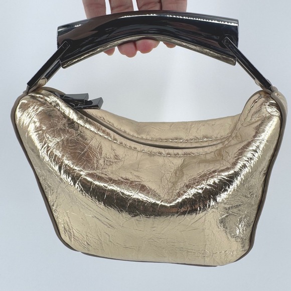 Zara Handbags - Zara Mini Bucket Handbag Womens Small Gold Metallic Crinkled Hobo Metal Handle